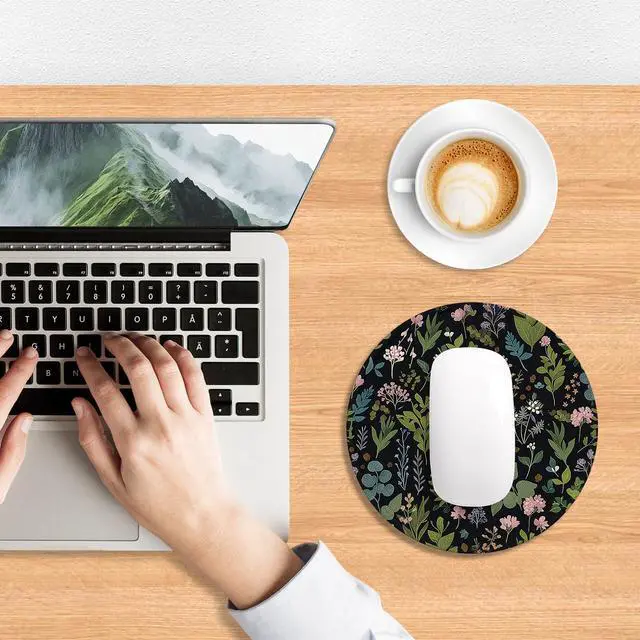 Alt view image 7 of 7 - Round Mouse Pad, Cute Small Computer Mouse Mat, Personalized Pattern, Stitched Edge, Non-Slip Rubber, Washable Mousepad Cloth for Wireless Mouse, 8.7 x 8.7 in, Thick 3mm, Pink Flowers Night