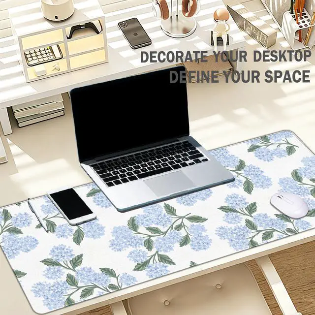 Alt view image 2 of 6 - Blue Desk Mat, Hydrangea Mouse Pad Flroal Desk Matt for Desktop, Blue and White Extra Long Desks Mat Aesthetic Hydrangea Gifts Office Accessories for Women 31.5x11.8