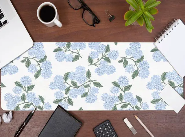 Alt view image 3 of 6 - Blue Desk Mat, Hydrangea Mouse Pad Flroal Desk Matt for Desktop, Blue and White Extra Long Desks Mat Aesthetic Hydrangea Gifts Office Accessories for Women 31.5x11.8