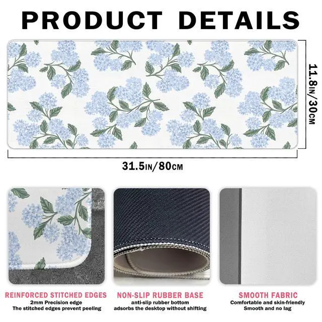 Alt view image 4 of 6 - Blue Desk Mat, Hydrangea Mouse Pad Flroal Desk Matt for Desktop, Blue and White Extra Long Desks Mat Aesthetic Hydrangea Gifts Office Accessories for Women 31.5x11.8