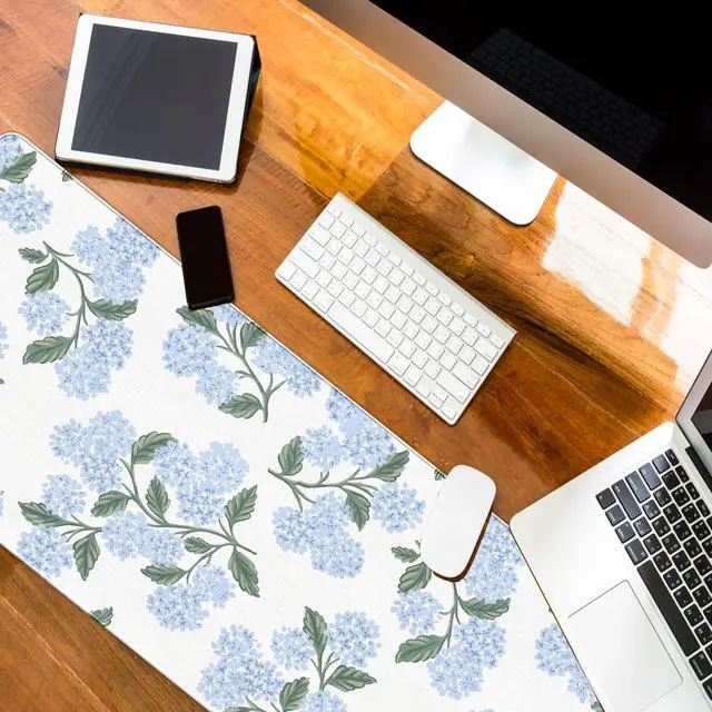 Alt view image 5 of 6 - Blue Desk Mat, Hydrangea Mouse Pad Flroal Desk Matt for Desktop, Blue and White Extra Long Desks Mat Aesthetic Hydrangea Gifts Office Accessories for Women 31.5x11.8