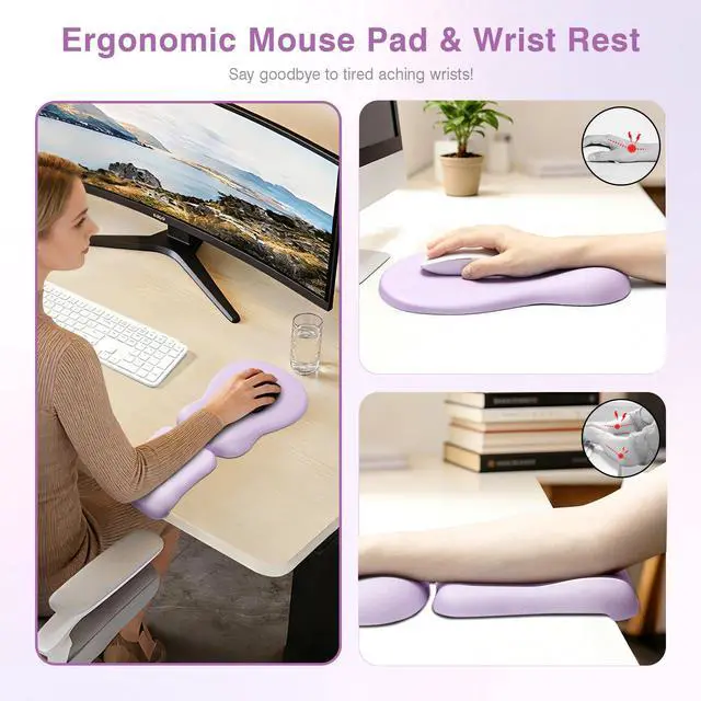 Alt view image 2 of 6 - Mouse Pad with Wrist Rest Set Foam L-Shaped Desk Elbow Pad Ergonomic Desk Edge Cushion Anti-Slip Rubber Bottom Office Women Desk Accessories for Computer, Laptop and Gaming, Purple