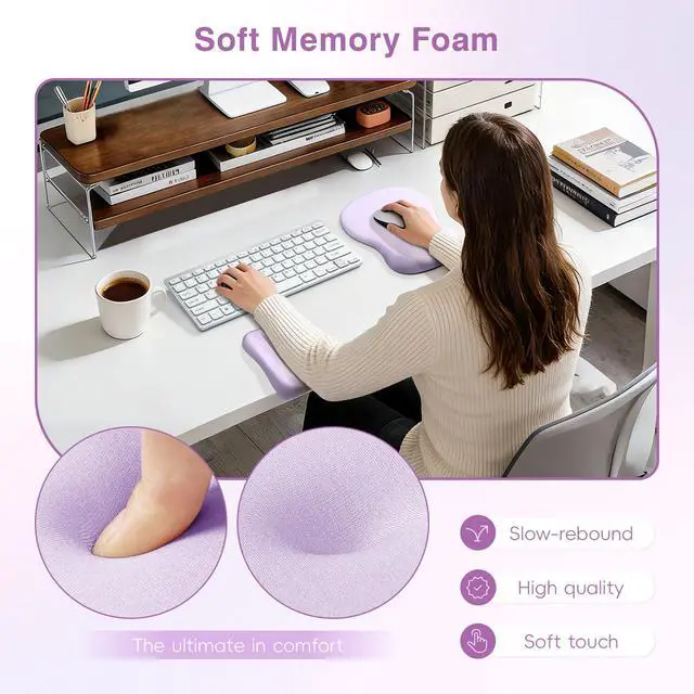 Alt view image 4 of 6 - Mouse Pad with Wrist Rest Set Foam L-Shaped Desk Elbow Pad Ergonomic Desk Edge Cushion Anti-Slip Rubber Bottom Office Women Desk Accessories for Computer, Laptop and Gaming, Purple