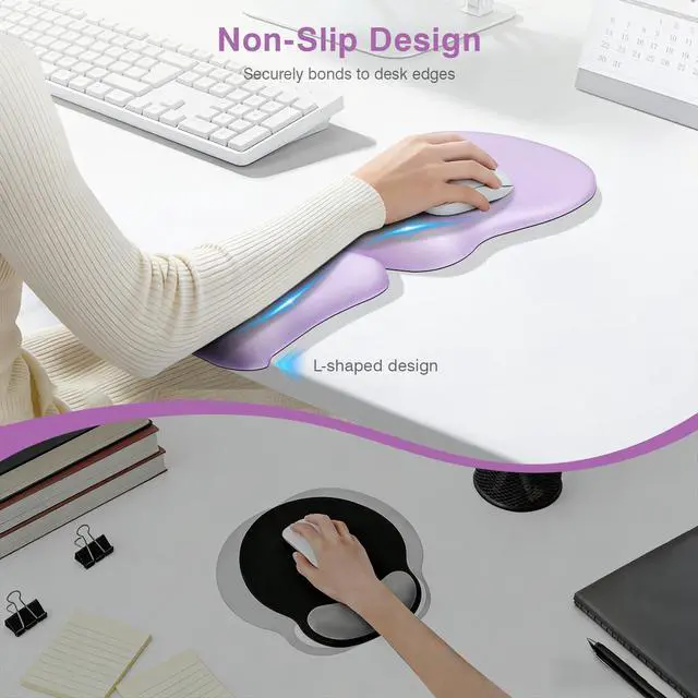 Alt view image 5 of 6 - Mouse Pad with Wrist Rest Set Foam L-Shaped Desk Elbow Pad Ergonomic Desk Edge Cushion Anti-Slip Rubber Bottom Office Women Desk Accessories for Computer, Laptop and Gaming, Purple