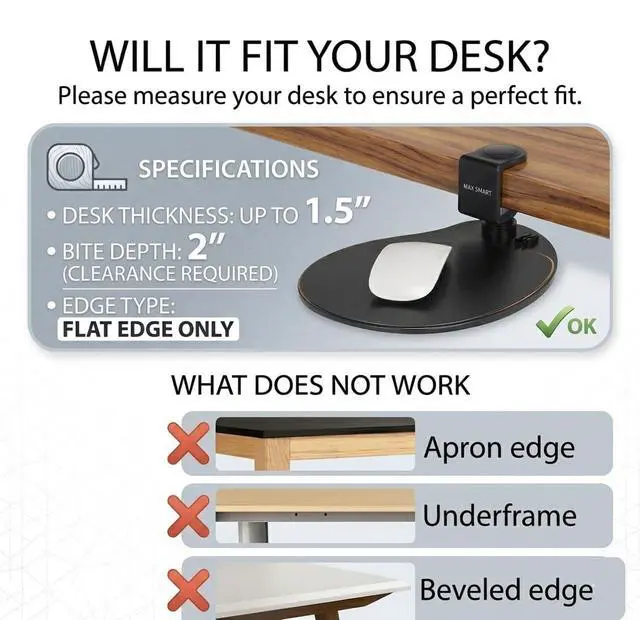 Alt view image 2 of 7 - Clamp on Mouse Platform, Clip on Mouse Pad, Rotating 360, Easy Slide Out Tray, Suitable Up to for 1.5" Thickness Desk, for Home, Office to Save Space (Black)