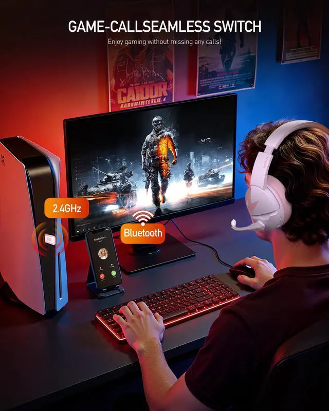 Alt view image 3 of 7 - Wireless Gaming Headset, PS5 Headset with 2.4GHz for Ps5, Ps4, PC, Switch, Bluetooth 5.3 + 100Hrs Gaming Headphones with Noise Canceling Mic for Laptop, Mobile, Mac, 50mm Drivers (Pink)
