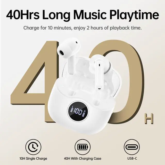 Alt view image 3 of 7 - Adaptive Hybrid Active Noise Canceling 2026 Wireless Earbuds, 6 Mics ENC Clear Call Ear Buds, Hi-Res Audio Deep Bass Bluetooth 5.4 Headphones, 40H, LED, for Sports Running Gym Workout, White