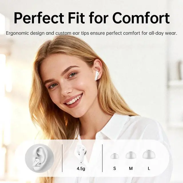 Alt view image 7 of 7 - Adaptive Hybrid Active Noise Canceling 2026 Wireless Earbuds, 6 Mics ENC Clear Call Ear Buds, Hi-Res Audio Deep Bass Bluetooth 5.4 Headphones, 40H, LED, for Sports Running Gym Workout, White