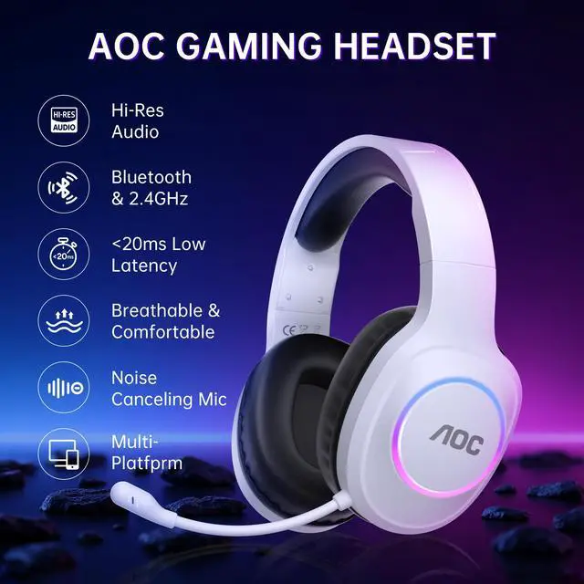 Alt view image 2 of 7 - Wireless Gaming Headset Compatible with ps5/4, PC, USB-C & Bluetooth 5.4 & 2.4GHz Gaming Headphones with Noise Canceling Mic, 7.1 Virtual Surround,20ms Latency, 45H, RGB- White