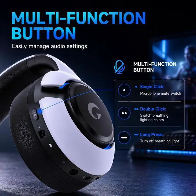 Alt view image 5 of 7 - Wireless PS5 Headset, 2.4GHz Gaming Headset for PS5, PC, Switch, Bluetooth 5.3 Headphones with Noise Canceling Mic, 7.1 Surround Sound, Low-Latency, 45H Battery, White