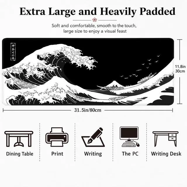 Alt view image 6 of 7 - Gaming Mouse Pad for Desk,Large Mousepad Laptop,Black White Japanese Wave Anime Mouse Mat,Long XXL Waterproof Keyboard Pads,Big Non-Slip Computer Mousepads for Game Office Home31.5 x 11.9 in