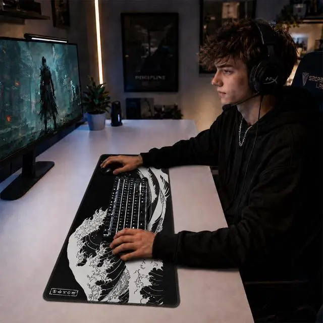 Alt view image 2 of 7 - Gaming Mouse Pad for Desk,Large Mousepad Laptop,Black White Japanese Wave Anime Mouse Mat,Long XXL Waterproof Keyboard Pads,Big Non-Slip Computer Mousepads for Game Office Home31.5 x 11.9 in