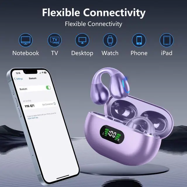 Alt view image 4 of 7 - Ultra Open Ear Headphones Bluetooth 5.3 Wireless Bone Conduction Clip On Earbuds with Digital Display Charging Case 60 Hours Playtime Sport Earphones IPX7 Waterproof for Running Fitness Purple