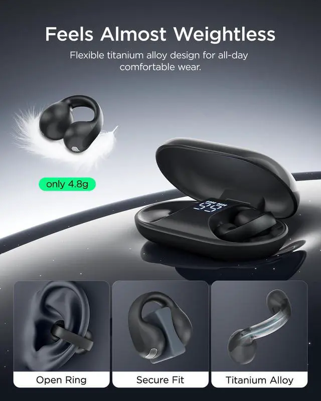 Alt view image 3 of 7 - Open Ear Clip-On Wireless Bluetooth 6.0 Earbuds X7, Black