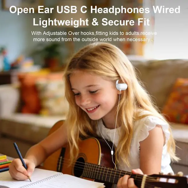 Alt view image 3 of 7 - Open Ear USB C Headphones Wired Earbuds for iPhone 17 16 Pro Max 15 16e/iPad A16 11 10th,Type C Plug Over Ear Hooks Headphones with Mic for Samsung S26 Ultra S25 S24 S23 Sports Running Corded Headset