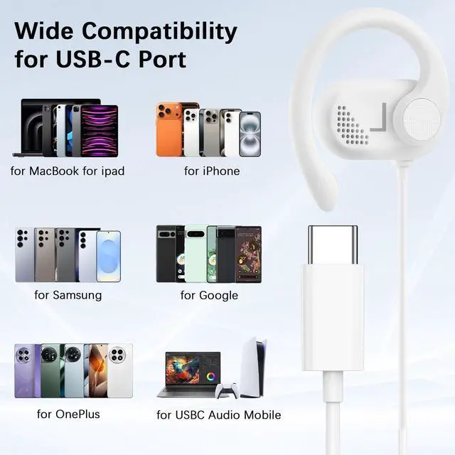 Alt view image 7 of 7 - Open Ear USB C Headphones for Samsung S26 Ultra S25 FE S23 A17 A36,Over Ear Buds Type C Earphones Wired with Adjustable Ear Hooks for iPhone 17 Pro Max 17e 16e 16 Plus 15,USB-C Headset for iPad A16 10