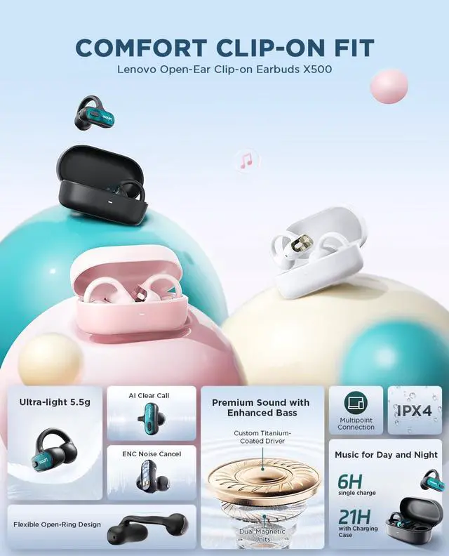 Alt view image 2 of 5 - Open Ear Clip On Earbuds X500 Bluetooth 6.0 Wireless Earbuds with 11 mm Drivers, Open Ear Ergonomic Design, Dual Device Connectivity, Built in Mic, Fast Charge, Black