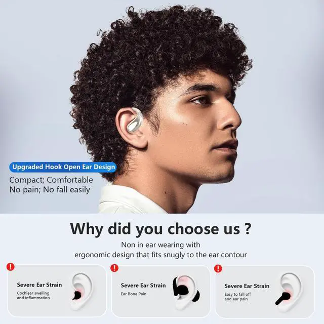Alt view image 4 of 7 - Open Ear Clip Wireless Earbuds Bone Conduction Headphones,Bluetooth 5.4,Open Ear Design for Running Fitness,IPX7 Waterproof,Built-in Mic Touch Control Operate Ear Hooks /Running/Workout/Fit Cycling