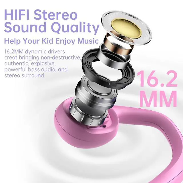 Alt view image 6 of 7 - Headphones, Bluetooth 5.2 Air Conduction Open Ear Headphones, 85dB Volume Limiting, Stereo Sound with Mic, IPX5 Waterproof, 20H Playtime, Perfect for School and Outdoor-Pink