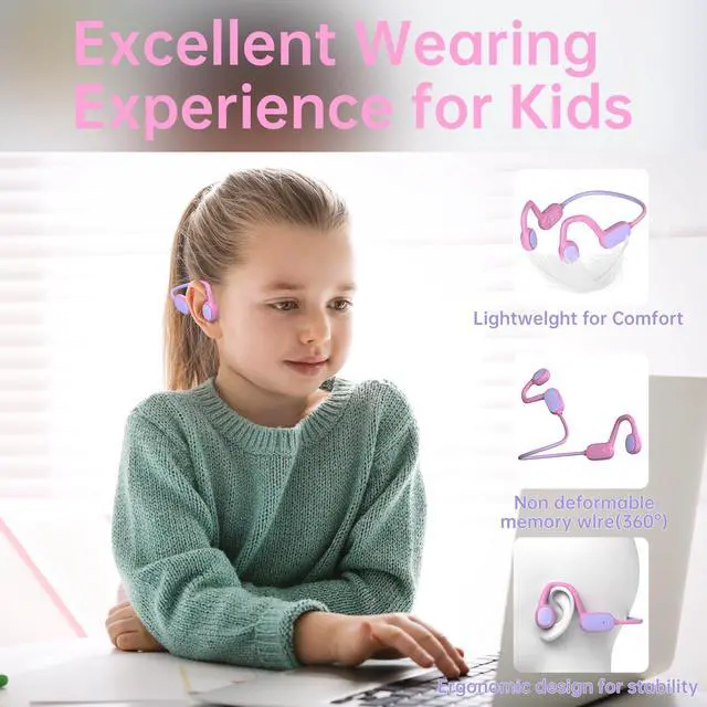 Alt view image 3 of 7 - Headphones, Bluetooth 5.2 Air Conduction Open Ear Headphones, 85dB Volume Limiting, Stereo Sound with Mic, IPX5 Waterproof, 20H Playtime, Perfect for School and Outdoor-Pink