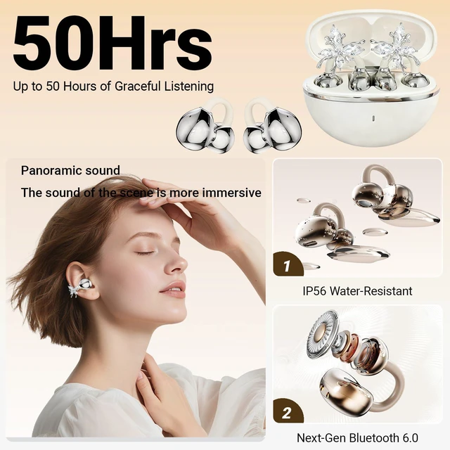 Alt view image 4 of 7 - Jewelry-Inspired Clip-On Earbuds with Detachable Sparkle Butterfly Earrings 2026 New Open Ear Wireless Headphones for Women, Bluetooth 6.0, 50H Playtime, Low Latency, Sports & Workouts, White