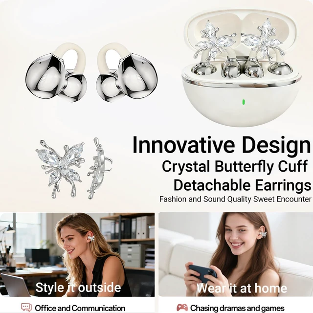 Alt view image 2 of 7 - Jewelry-Inspired Clip-On Earbuds with Detachable Sparkle Butterfly Earrings 2026 New Open Ear Wireless Headphones for Women, Bluetooth 6.0, 50H Playtime, Low Latency, Sports & Workouts, White