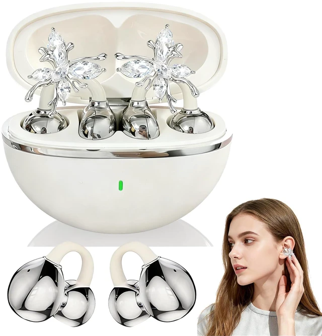 Main image of Jewelry-Inspired Clip-On Earbuds with Detachable Sparkle Butterfly Earrings 2026 New Open Ear Wireless Headphones for Women, Bluetooth 6.0, 50H Playtime, Low Latency, Sports & Workouts, White