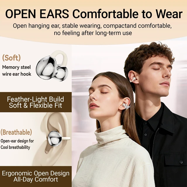 Alt view image 3 of 7 - Jewelry-Inspired Clip-On Earbuds with Detachable Sparkle Butterfly Earrings 2026 New Open Ear Wireless Headphones for Women, Bluetooth 6.0, 50H Playtime, Low Latency, Sports & Workouts, White
