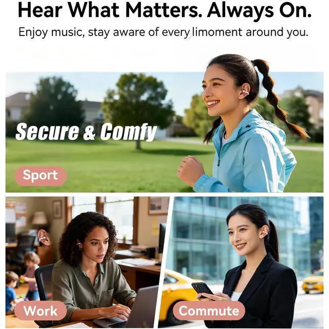 Alt view image 5 of 7 - Clip-On Open Ear Earbuds for Women, Bluetooth 6.0 Wireless Earbuds with Hi-Fi Stereo Sound, Lightweight Headphones for Small Ears, Comfortable All-Day Wear, 40H Playtime, USB-C, Sports Use