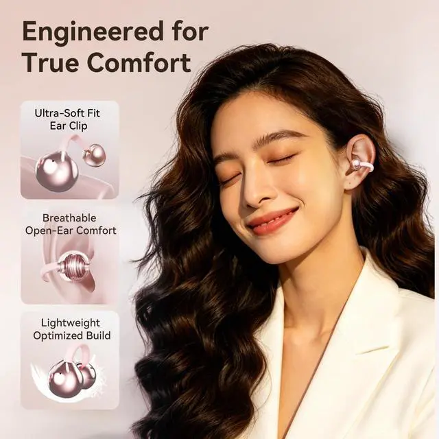 Alt view image 2 of 7 - Clip-On Open Ear Earbuds for Women, Bluetooth 6.0 Wireless Earbuds with Hi-Fi Stereo Sound, Lightweight Headphones for Small Ears, Comfortable All-Day Wear, 40H Playtime, USB-C, Sports Use