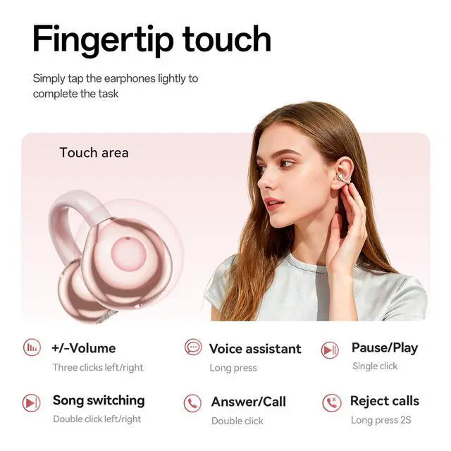 Alt view image 7 of 7 - Clip-On Open Ear Earbuds for Women, Bluetooth 6.0 Wireless Earbuds with Hi-Fi Stereo Sound, Lightweight Headphones for Small Ears, Comfortable All-Day Wear, 40H Playtime, USB-C, Sports Use