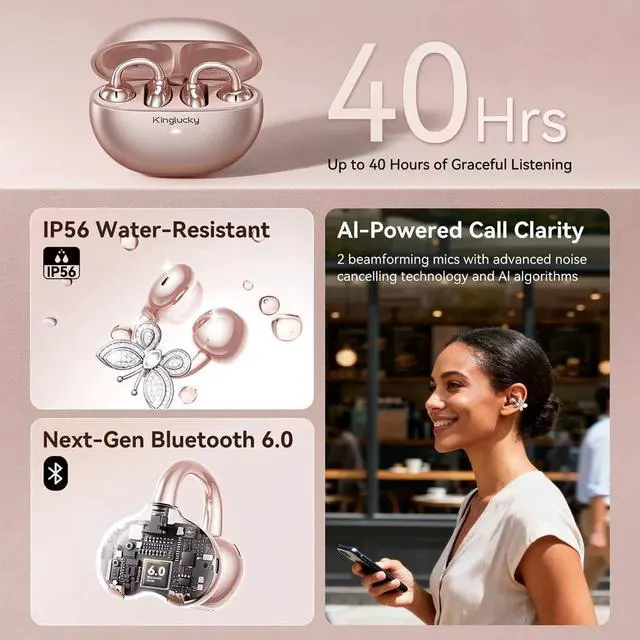 Alt view image 6 of 7 - Clip-On Open Ear Earbuds with Detachable Butterfly Earrings, Bluetooth 6.0 Wireless Headphones for Women, 40H Playtime, Comfortable Fit for Small Ears, Sports, Glasses Wearers, Rose Gold