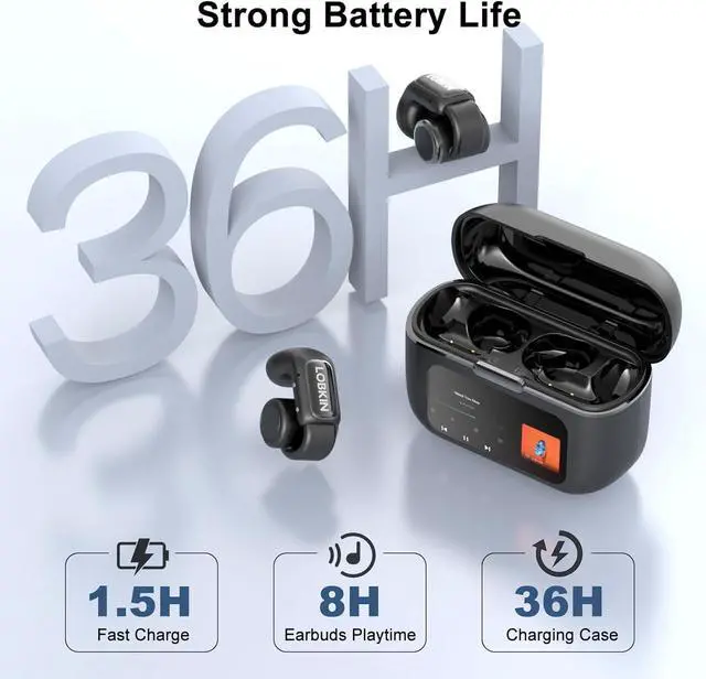 Alt view image 6 of 7 - Open Ear Earbuds Clip On Headphones Wireless Bluetooth 5.4 Adaptive Comfortable Clip On Ear Buds with Mic,4GB Storage Lightweight IPX5 Waterproof LED Touchscreen Display Fit Sports (Black)