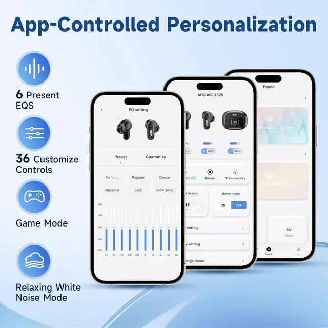 Alt view image 6 of 7 - Noise Cancelling Earbuds, Bluetooth 5.4 Wireless Earbuds with 6 Mics, 39dB ANC, Transparency Mode, 13mm Drivers, 36 Custom EQs via App, 45H Playtime, LED Display, Fit for Sports, Travel, Commuting
