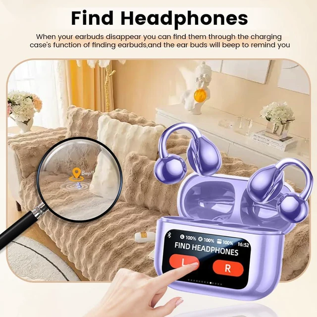 Alt view image 5 of 7 - Clip On Ear Headphones, Open Ear Earbuds Wireless Bluetooth 5.4, Clip On Earbuds with LCD Touchscreen, Lightweight Comfort Open Ear Headphones for Pad Tablet Laptop Android/iOS Phones (Purple)