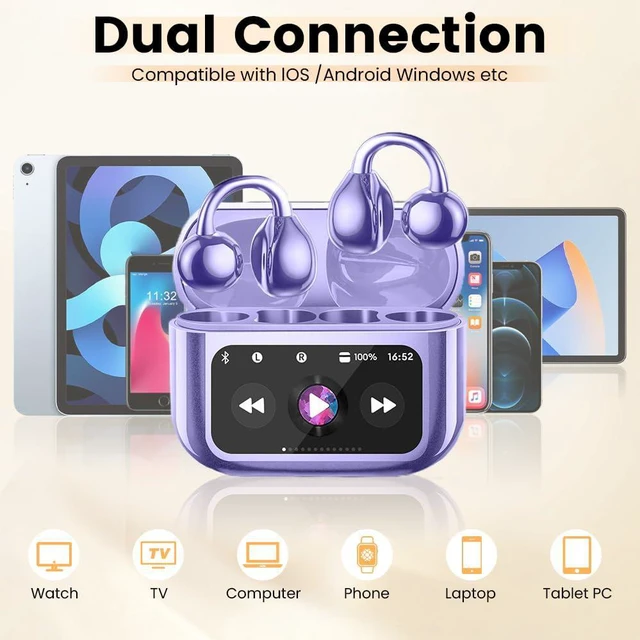 Alt view image 6 of 7 - Clip On Ear Headphones, Open Ear Earbuds Wireless Bluetooth 5.4, Clip On Earbuds with LCD Touchscreen, Lightweight Comfort Open Ear Headphones for Pad Tablet Laptop Android/iOS Phones (Purple)