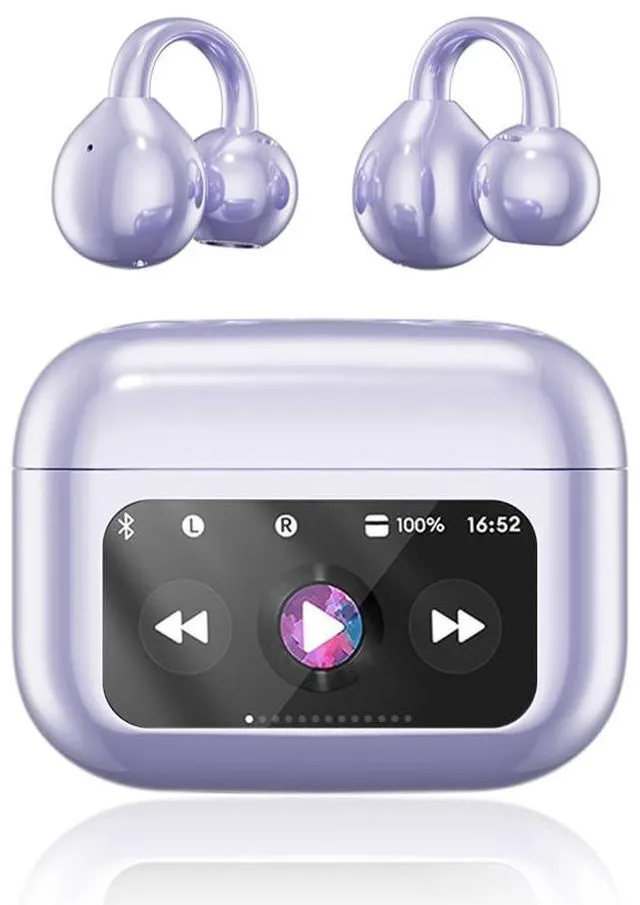 Main image of Clip On Ear Headphones, Open Ear Earbuds Wireless Bluetooth 5.4, Clip On Earbuds with LCD Touchscreen, Lightweight Comfort Open Ear Headphones for Pad Tablet Laptop Android/iOS Phones (Purple)