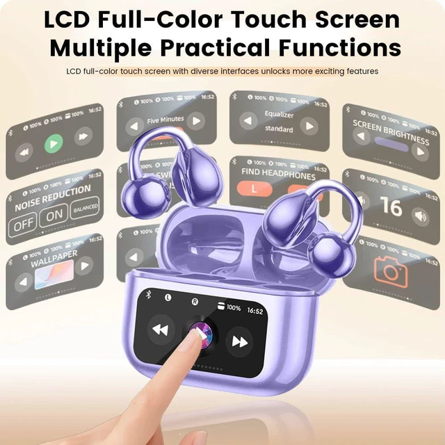 Alt view image 4 of 7 - Clip On Ear Headphones, Open Ear Earbuds Wireless Bluetooth 5.4, Clip On Earbuds with LCD Touchscreen, Lightweight Comfort Open Ear Headphones for Pad Tablet Laptop Android/iOS Phones (Purple)