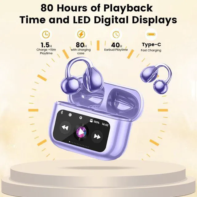 Alt view image 7 of 7 - Clip On Ear Headphones, Open Ear Earbuds Wireless Bluetooth 5.4, Clip On Earbuds with LCD Touchscreen, Lightweight Comfort Open Ear Headphones for Pad Tablet Laptop Android/iOS Phones (Purple)