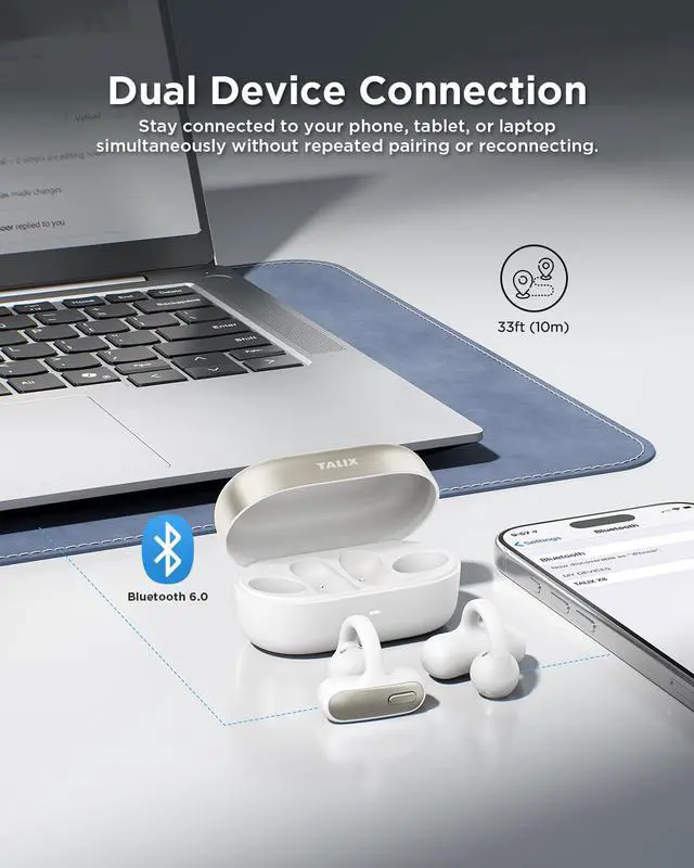 Alt view image 6 of 6 - Open Ear Clip-On Earbuds X8 with AI ENC & Powerful Bass, Wireless Bluetooth 6.0, IPX4 Sweatproof Fitness Headphones, Physical Buttons, 5g Lightweight Ear Buds with Multi-Device Switching, White