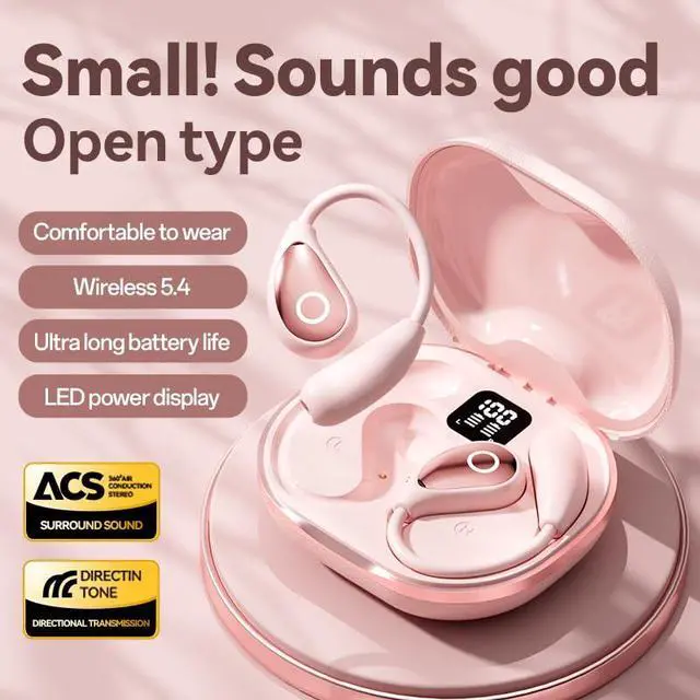 Alt view image 2 of 7 - Open Ear Earbuds Pink for Women, Bluetooth 5.4 Wireless Headphones for Small Ears, Air Conduction Comfort Fit, 50H Playtime, IP54 Sweatproof, Touch Control for Running Cycling Work