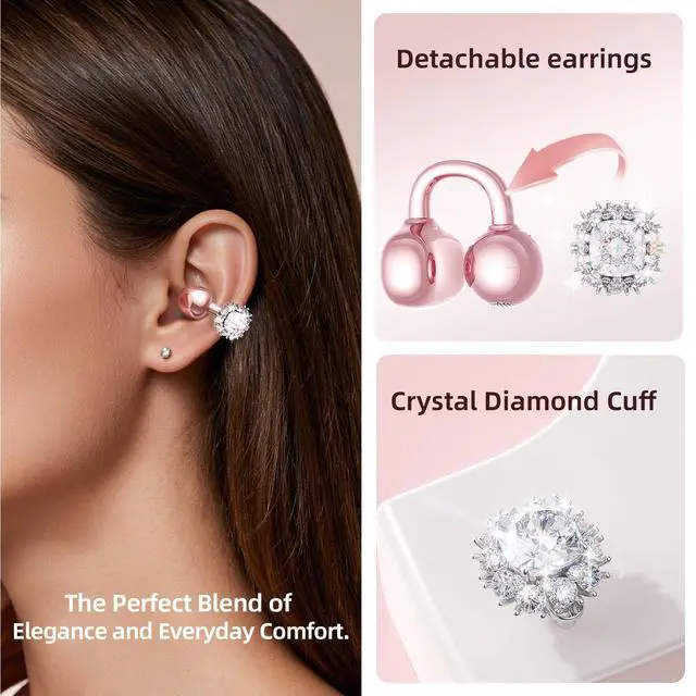 Alt view image 2 of 7 - Clip-On Open Ear Earbuds with Detachable Diamond Earrings, Bluetooth 5.4 Open Ear Wireless Headphones for Women, 40H Playtime, Comfortable Small-Ear Fit, Rose Gold