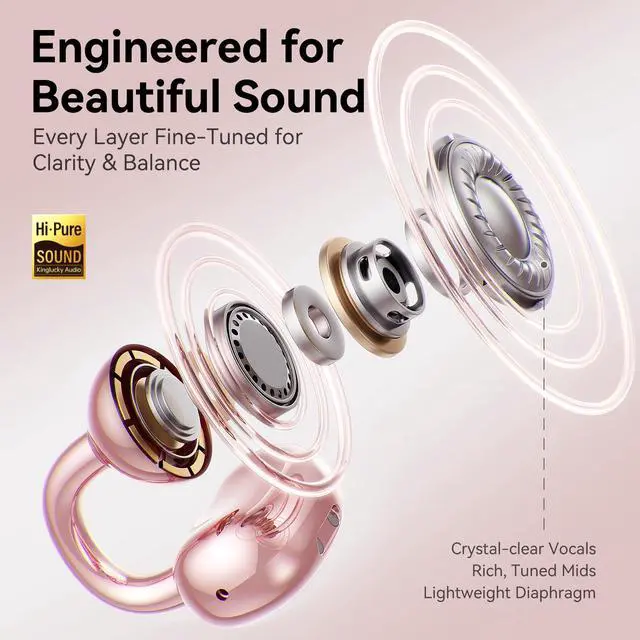 Alt view image 5 of 7 - Clip-On Open Ear Earbuds with Detachable Diamond Earrings, Bluetooth 5.4 Open Ear Wireless Headphones for Women, 40H Playtime, Comfortable Small-Ear Fit, Rose Gold