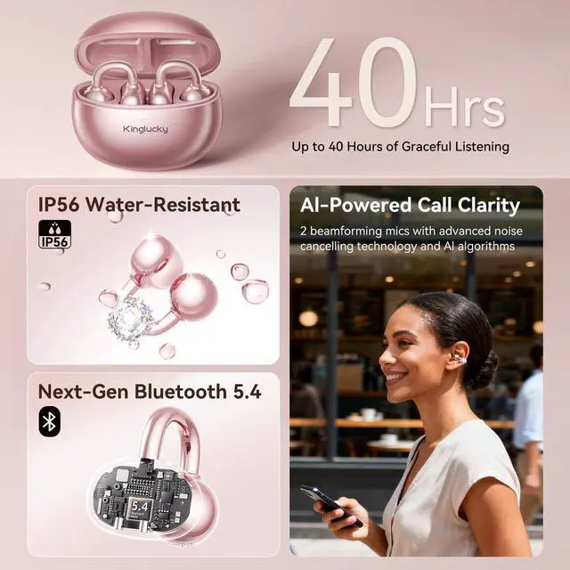Alt view image 6 of 7 - Clip-On Open Ear Earbuds with Detachable Diamond Earrings, Bluetooth 5.4 Open Ear Wireless Headphones for Women, 40H Playtime, Comfortable Small-Ear Fit, Rose Gold