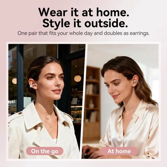 Alt view image 4 of 7 - Clip-On Open Ear Earbuds with Detachable Diamond Earrings, Bluetooth 5.4 Open Ear Wireless Headphones for Women, 40H Playtime, Comfortable Small-Ear Fit, Rose Gold