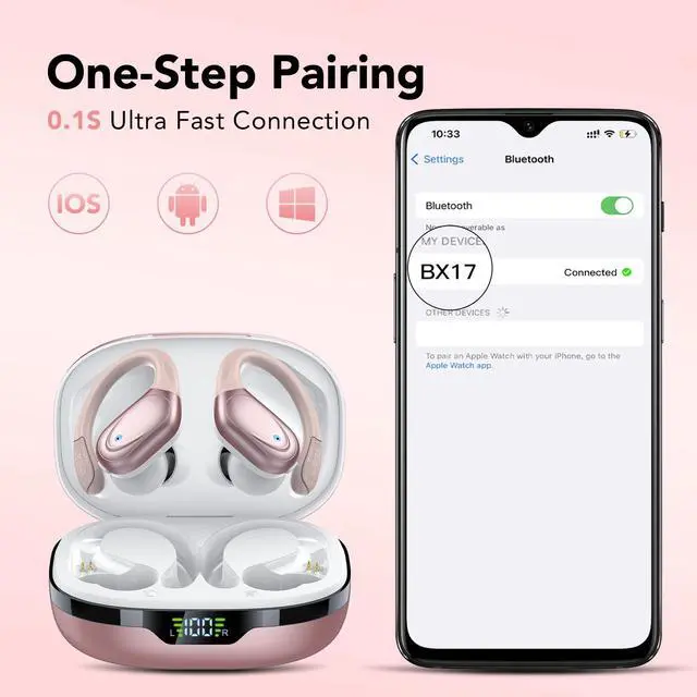Alt view image 6 of 7 - Ear buds Wireless Earbuds Bluetooth 5.3 Headphones 60hrs Playtime with Digital Display Sports Wireless Headphones with Earhook Deep Bass IPX7 Waterproof Over-Ear Earbuds for Android iOS Workout Rose