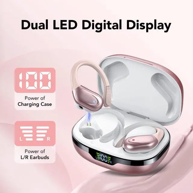 Alt view image 2 of 7 - Ear buds Wireless Earbuds Bluetooth 5.3 Headphones 60hrs Playtime with Digital Display Sports Wireless Headphones with Earhook Deep Bass IPX7 Waterproof Over-Ear Earbuds for Android iOS Workout Rose