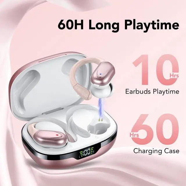 Alt view image 3 of 7 - Ear buds Wireless Earbuds Bluetooth 5.3 Headphones 60hrs Playtime with Digital Display Sports Wireless Headphones with Earhook Deep Bass IPX7 Waterproof Over-Ear Earbuds for Android iOS Workout Rose