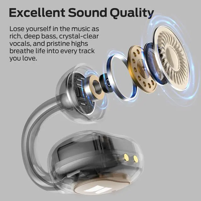 Alt view image 3 of 7 - Bluetooth 6.0 Earphones Stereo Sound, Open Ear Clip Wireless Earbuds 40 Hours Playback, with Smart Digital Display Design, Touch Control, IPX6 Waterproof,Beige