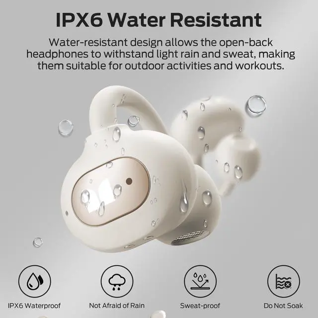 Alt view image 7 of 7 - Bluetooth 6.0 Earphones Stereo Sound, Open Ear Clip Wireless Earbuds 40 Hours Playback, with Smart Digital Display Design, Touch Control, IPX6 Waterproof,Beige